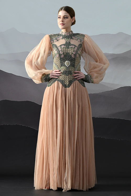 Soft Peach Gown With Sculpted Corsetry And Artisanal Embroidery