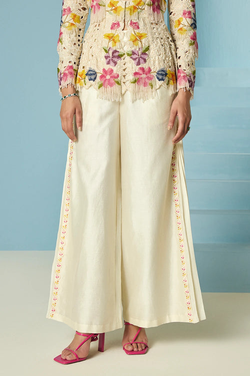 Ivory Embroidered Pleated Pants
