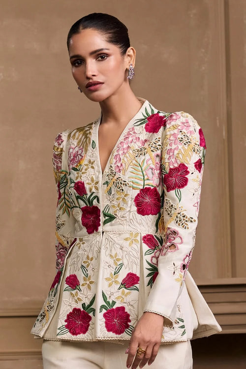 Ivory Floral Foliage Pleated Peplum Jacket