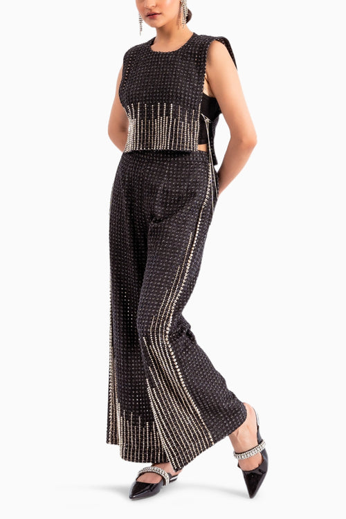 Black Denim Lazercut Bib With Black Denim Lazercut Stud  Pants