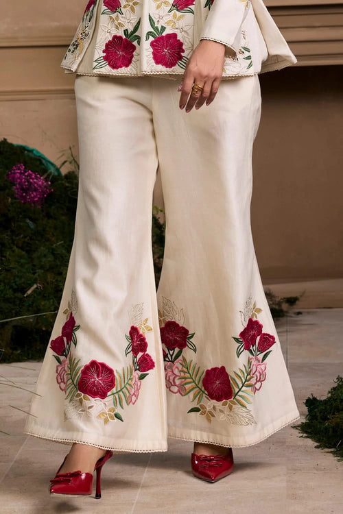 Ivory Floral Foliage Bell Bottom Pants