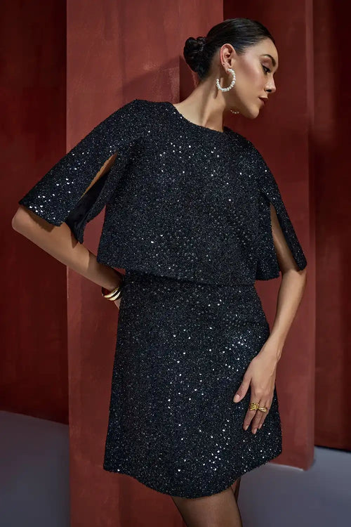 The Lumiere Black Tweed Cape Dress