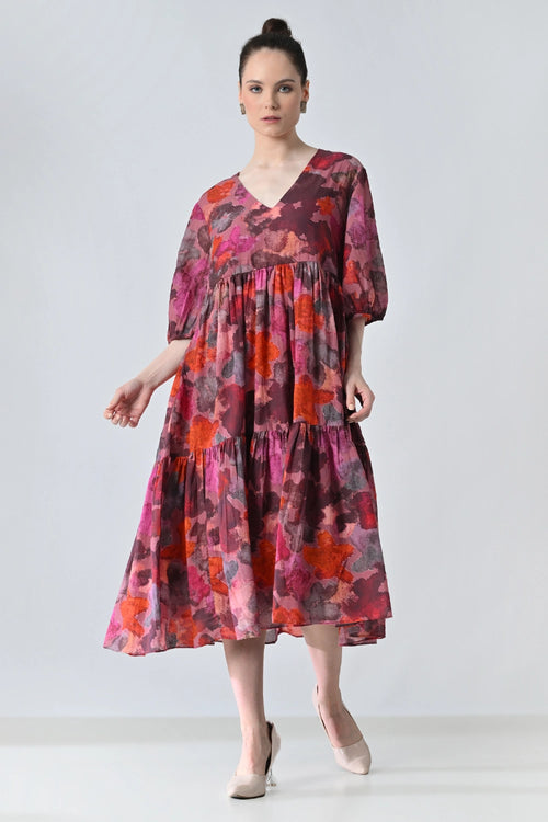 Crimson Red Bloom Multi Printed Tiered Dress
