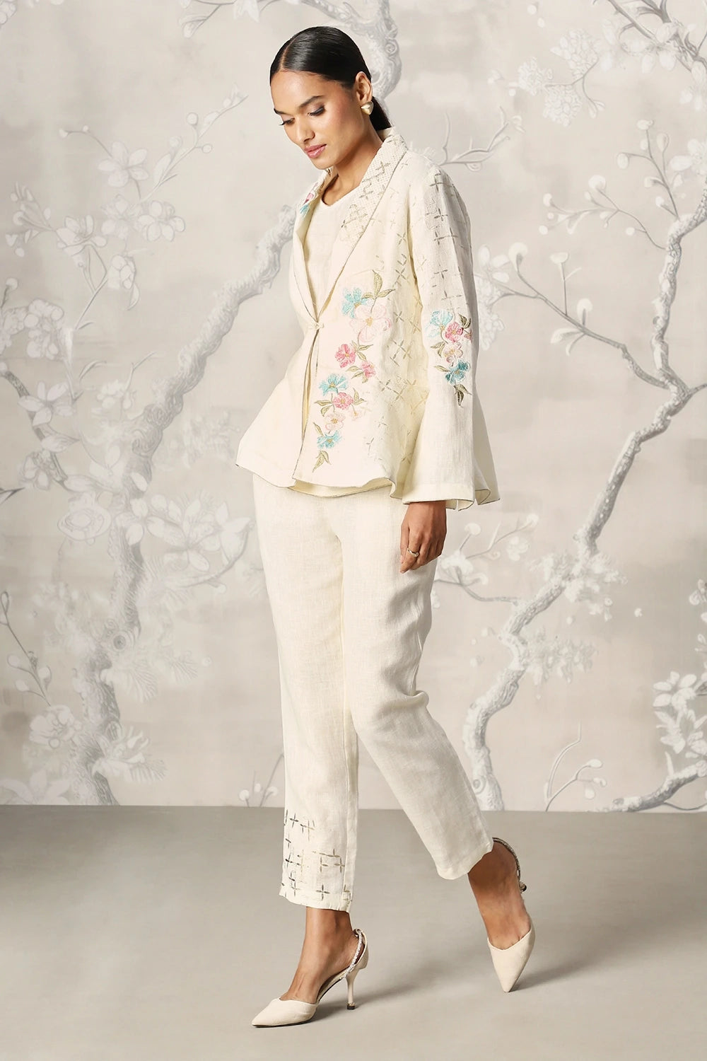 Corsage Peplum Off White Jacket and Pant Set