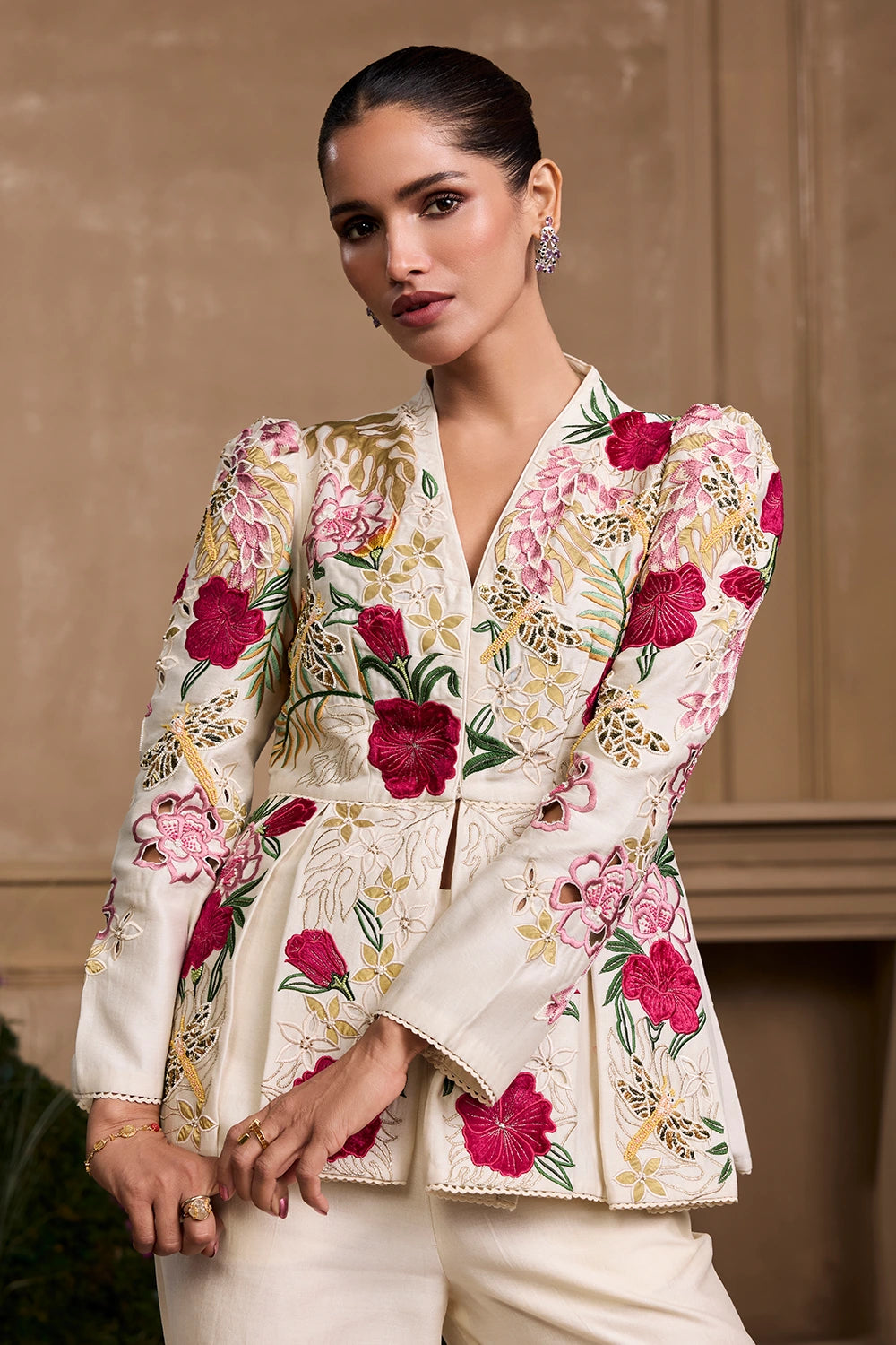 Ivory Floral Foliage Pleated Peplum Jacket With Bell Bottom