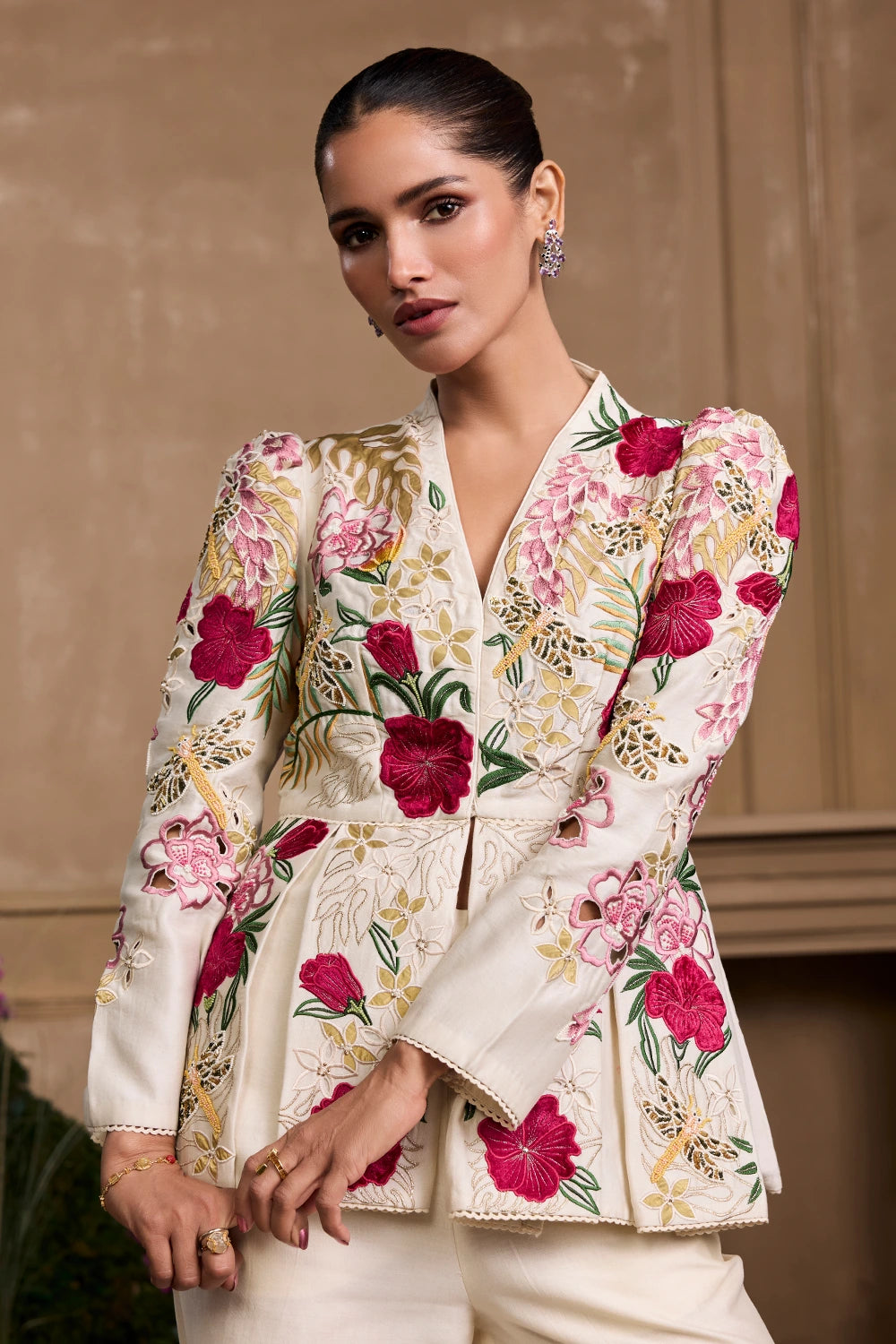 Ivory Floral Foliage Pleated Peplum Jacket