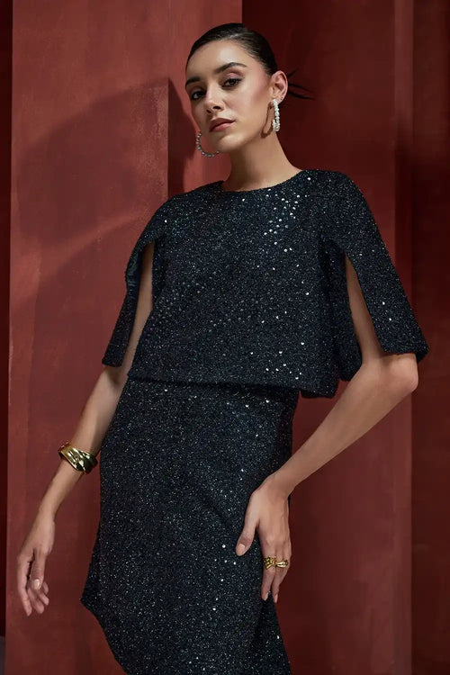 The Lumiere Black Tweed Cape Dress