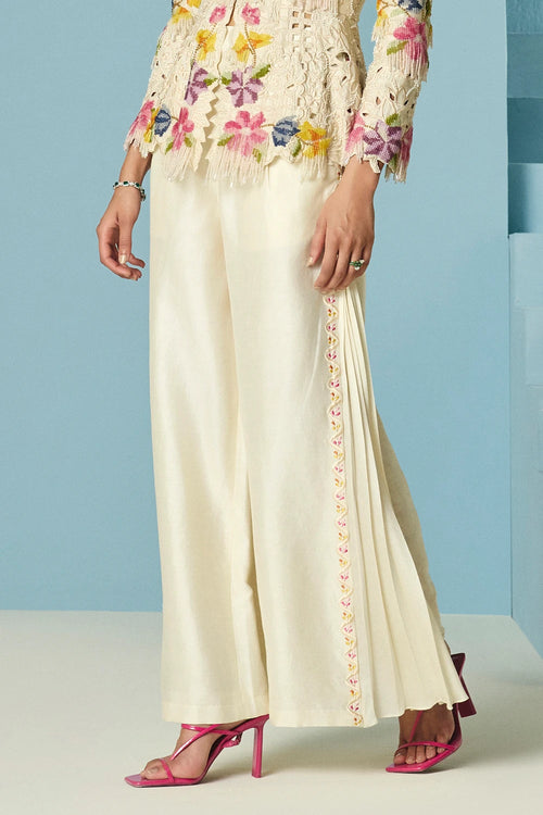 Ivory Embroidered Pleated Pants