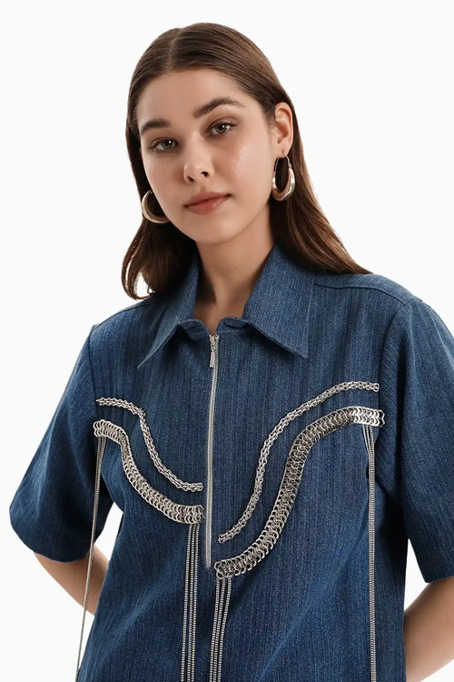 Medium Herringbone Denim Dress with Chains