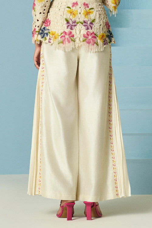 Ivory Embroidered Pleated Pants