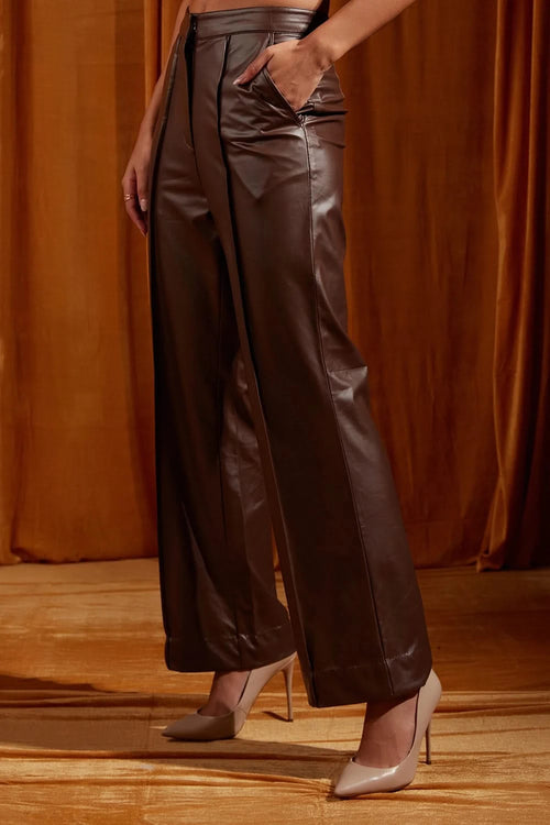Mocha Faux Leather Straight-Fit Trousers