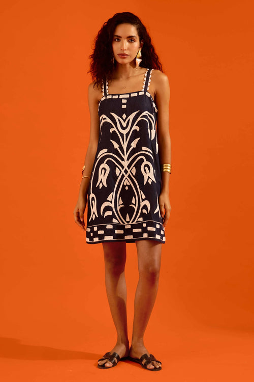 Midnight Blue Strappy Shift Dress with Thread Embroidery