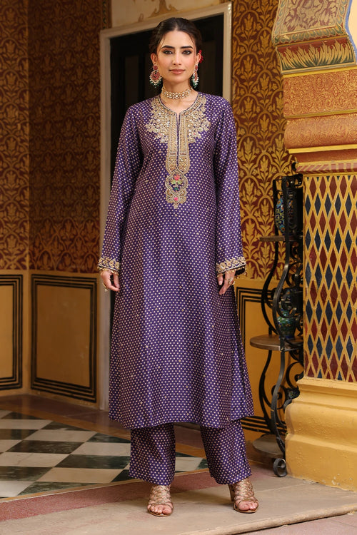 Ahista Purple Printed Pakhi Yoke Straight Kurta Set