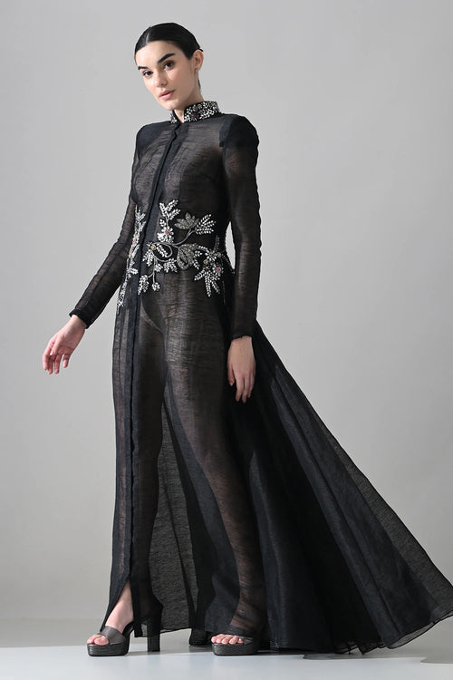 Black Silhouette Withsheer Layers And Silver Embroidery
