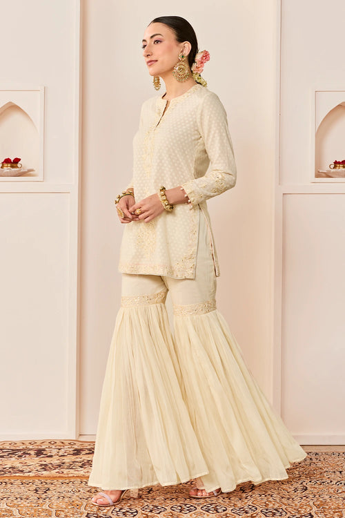 Yasneen Daisy Ivory Short Kurta with Garara and Dupatta