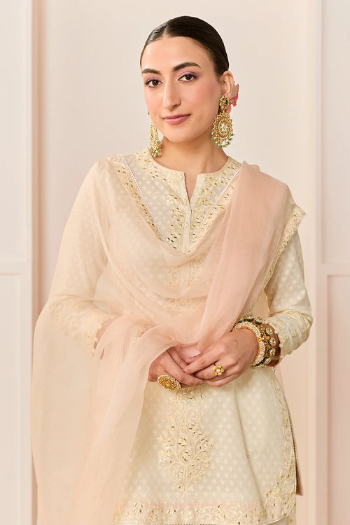 Yasneen Daisy Ivory Short Kurta with Garara and Dupatta