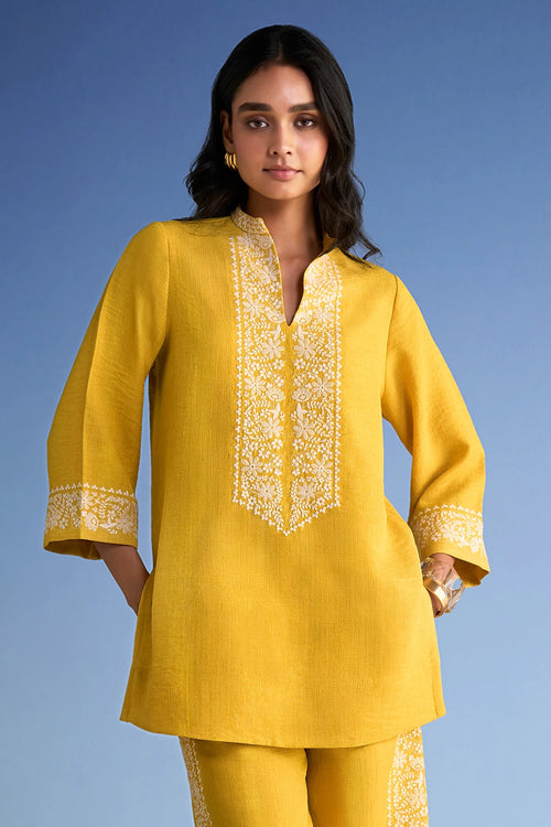 Embroidered Linen-Textured Longline Top