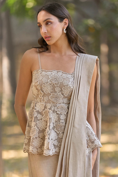 Embroidered Lace Peplum Brown Top