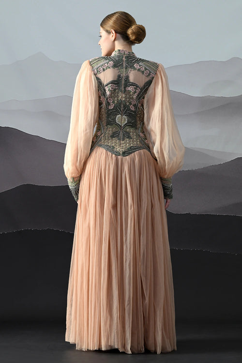 Soft Peach Gown With Sculpted Corsetry And Artisanal Embroidery