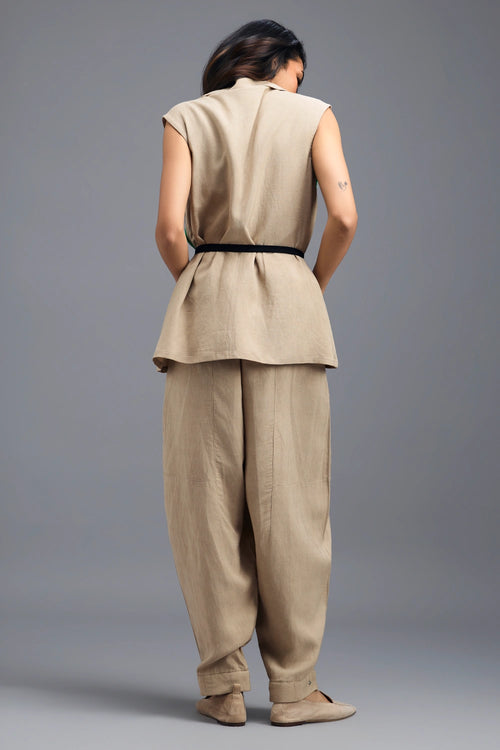 Beige Blazer with Twisted Top and Trousers