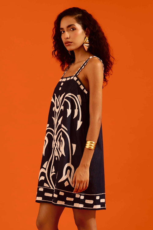 Midnight Blue Strappy Shift Dress with Thread Embroidery
