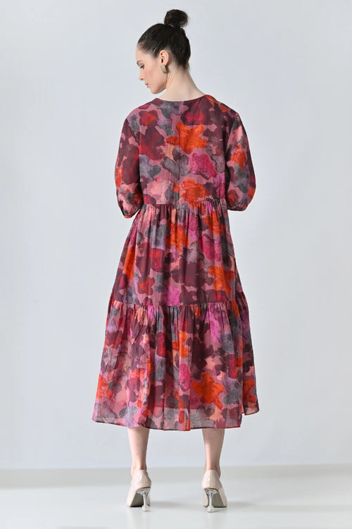 Crimson Red Bloom Multi Printed Tiered Dress
