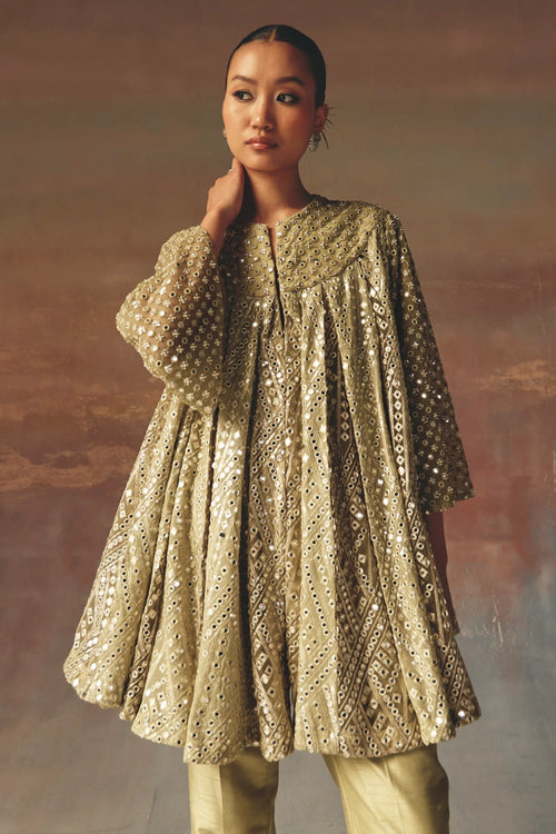 Sage Green A-Line Box Pleat Dress Jacket with Straight Pants