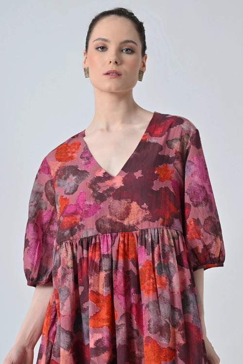 Crimson Red Bloom Multi Printed Tiered Dress