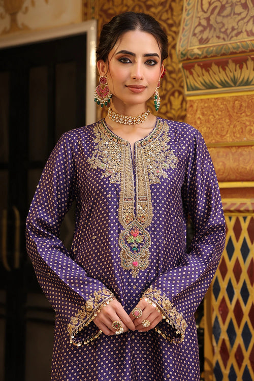 Ahista Purple Printed Pakhi Yoke Straight Kurta Set With Dupatta