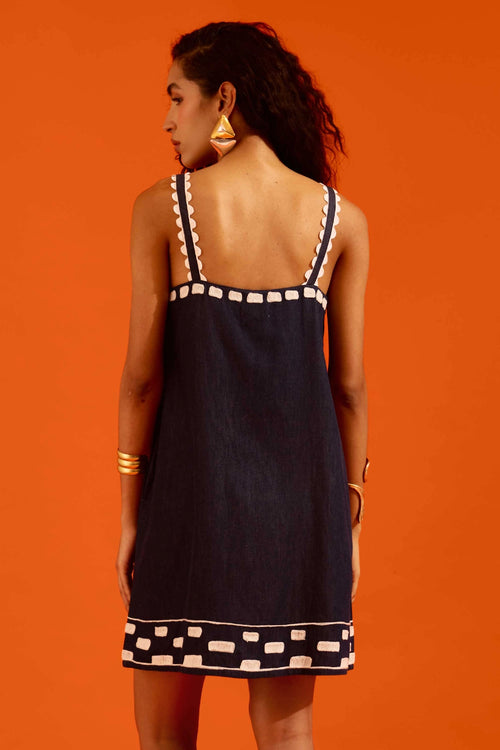 Midnight Blue Strappy Shift Dress with Thread Embroidery