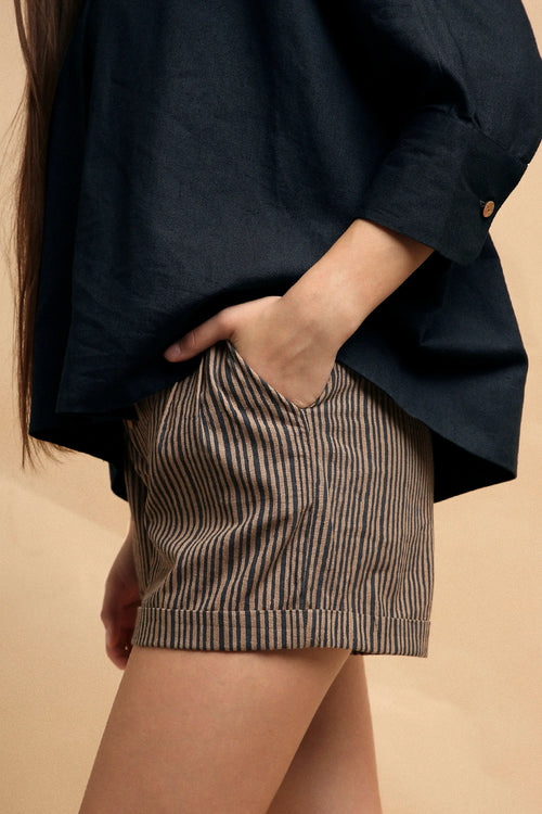 Charcoal Oversized Ret Shirt And Brown Striped PL Shorts Set