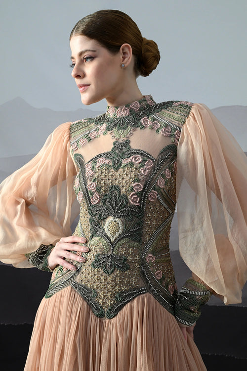 Soft Peach Gown With Sculpted Corsetry And Artisanal Embroidery