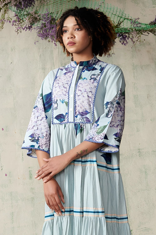 Sky Blue Hydrangea Full Sleeve Dress