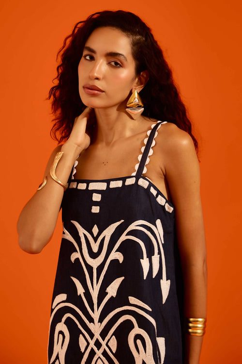 Midnight Blue Strappy Shift Dress with Thread Embroidery