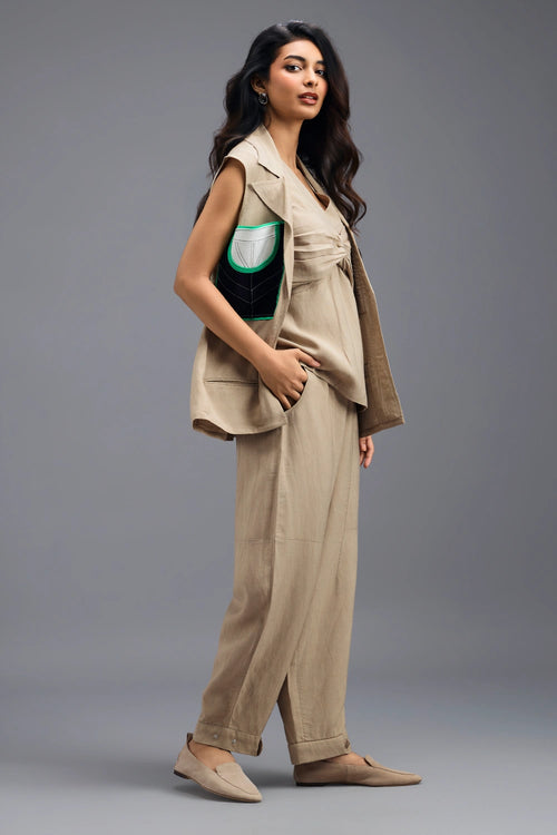 Beige Blazer with Twisted Top and Trousers