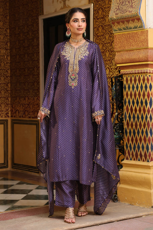 Ahista Purple Printed Pakhi Yoke Straight Kurta Set With Dupatta