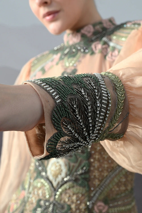 Soft Peach Gown With Sculpted Corsetry And Artisanal Embroidery