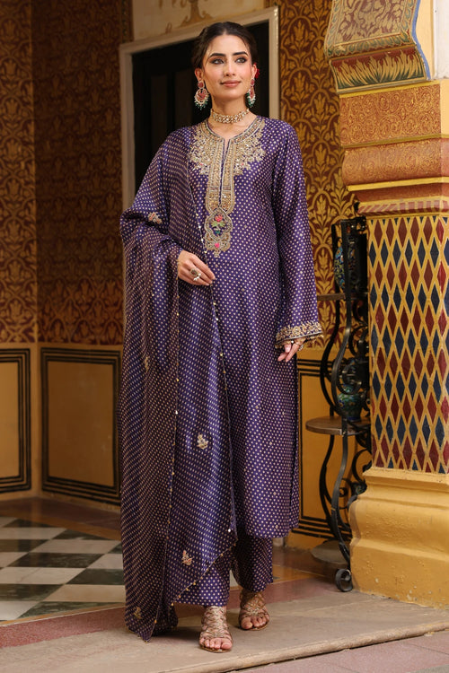 Ahista Purple Printed Pakhi Yoke Straight Kurta Set With Dupatta