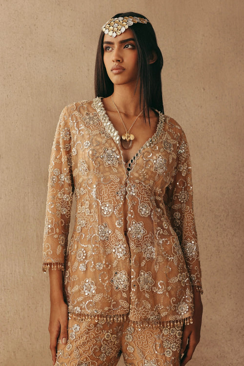Peach Hand Embroidered Mirrorwork Blazer