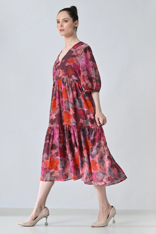 Crimson Red Bloom Multi Printed Tiered Dress