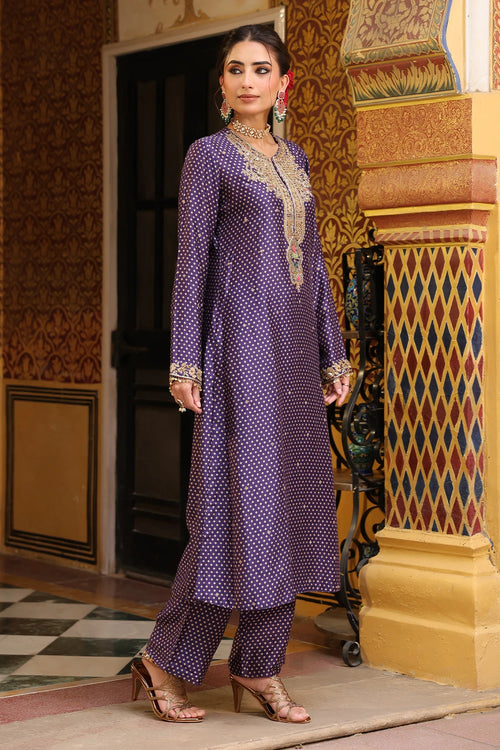 Ahista Purple Printed Pakhi Yoke Straight Kurta Set
