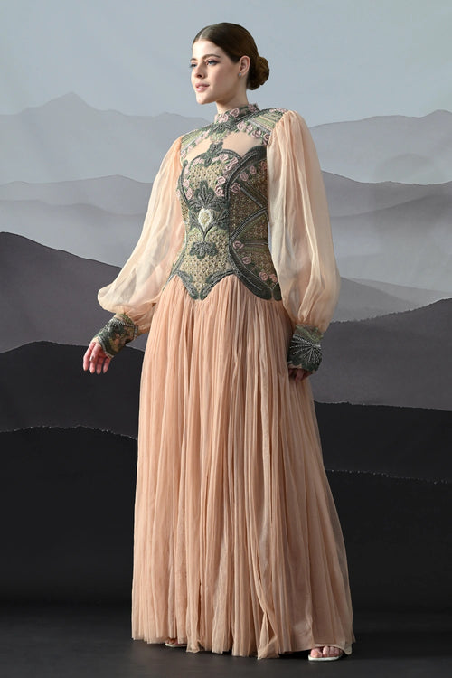 Soft Peach Gown With Sculpted Corsetry And Artisanal Embroidery