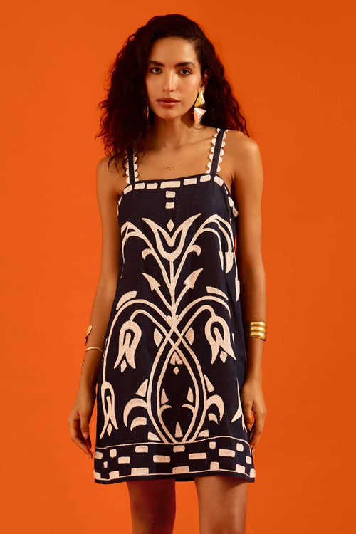 Midnight Blue Strappy Shift Dress with Thread Embroidery