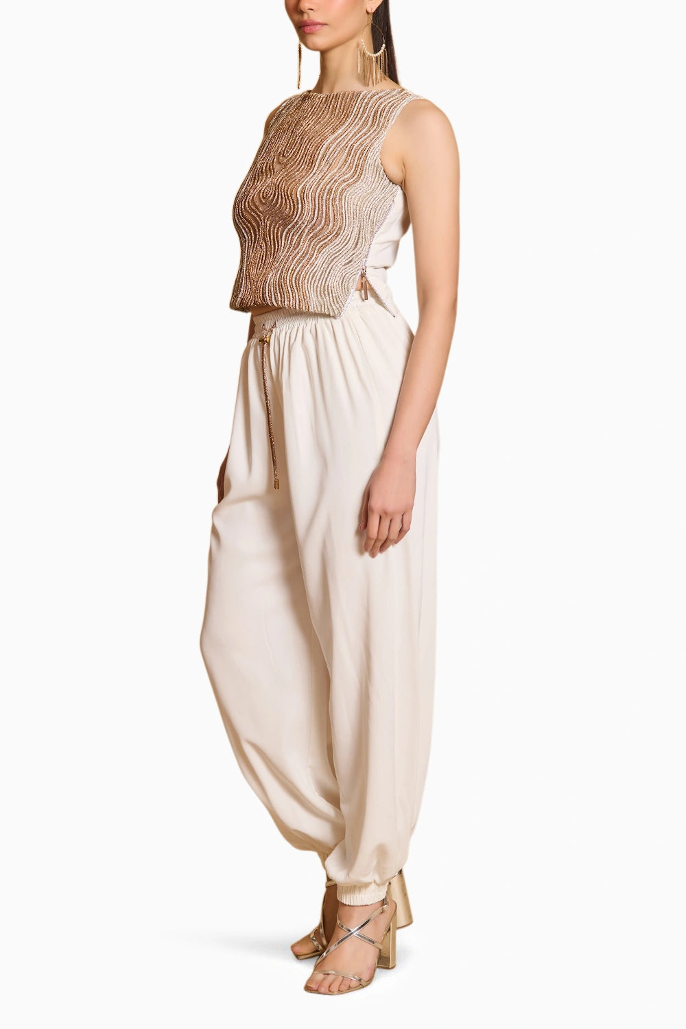 Spectrum Gold & Silver Crystal Rope Sheer Top With Joggers