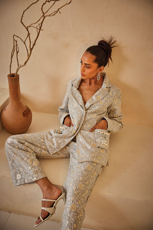 Powder Blue Chikankari Coat with Straight Pants Set