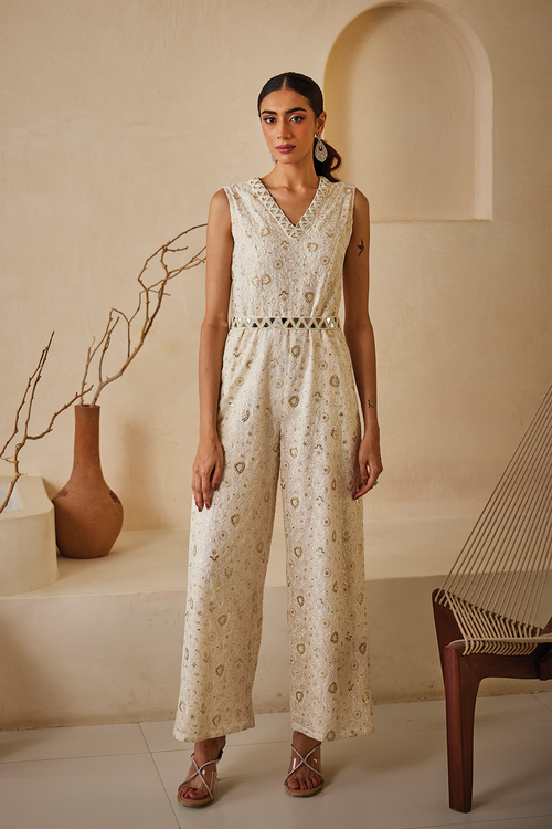 White Chikankari Jump Suit