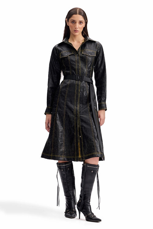Cracked Leather Midi Shirt Dress