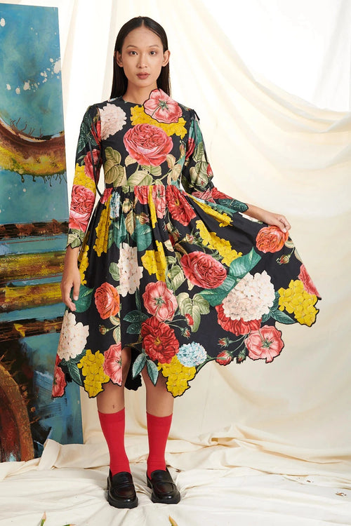 Black Big Rose Sleeved Dress