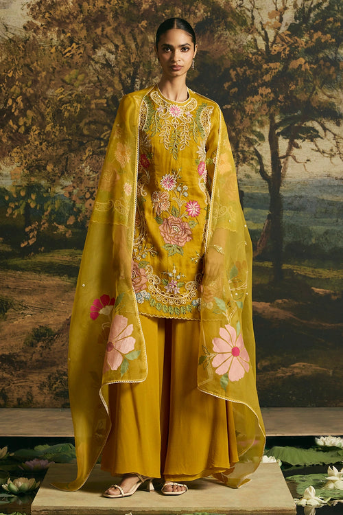 Amber Yellow Floral Applique Dupatta