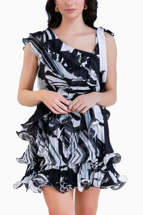 Black Printed Tiered Dress With Cascade Detail